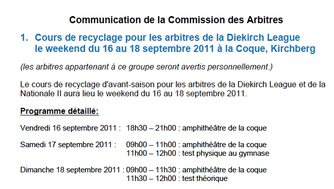 Dates à retenir pour tous les arbitres de la FLBB